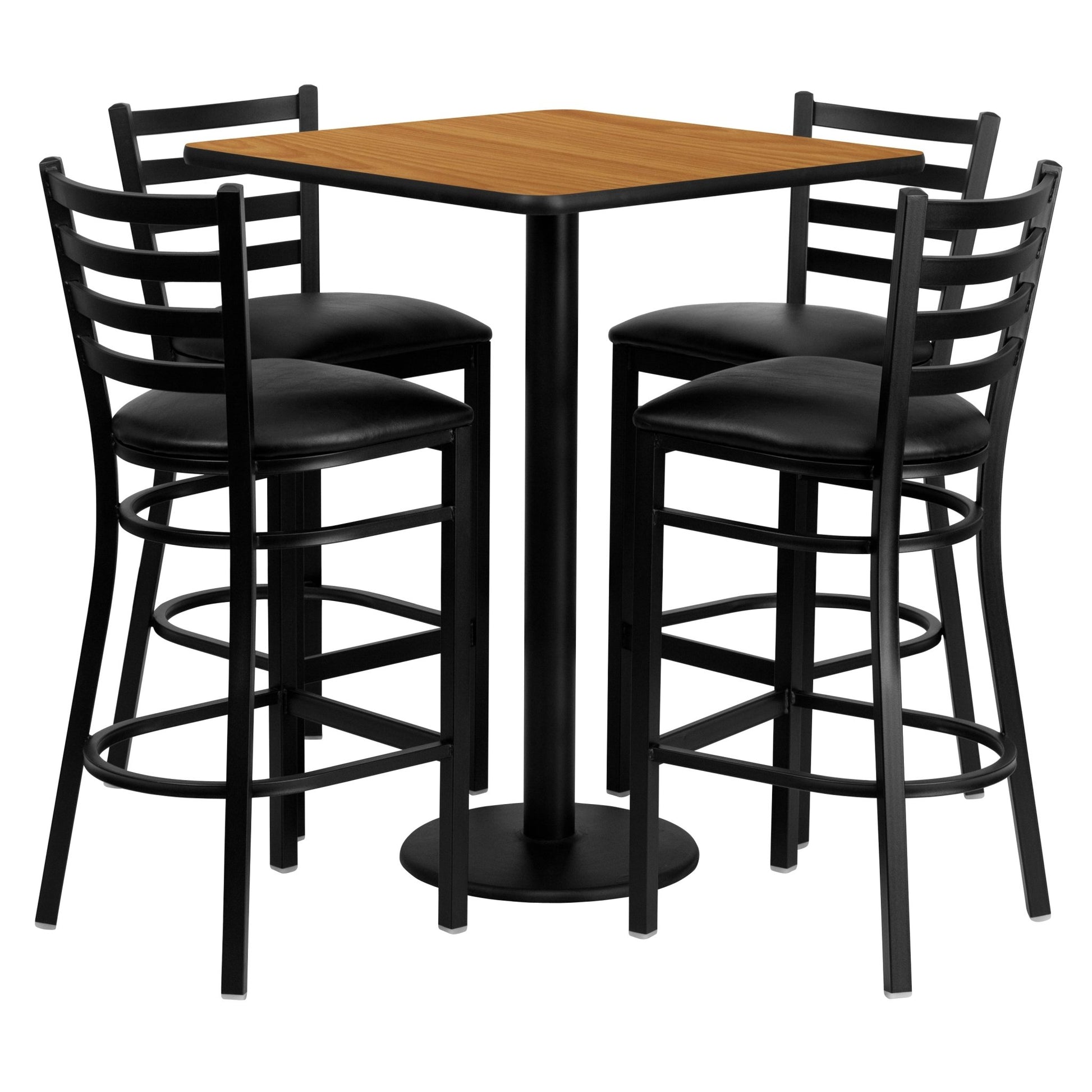 Clark 30'' Square Natural Laminate Table Set with 4 Ladder Back Metal Barstools - Black Vinyl Seat by Flash Furniture - SchoolOutlet