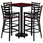 Clark 30'' Square Laminate Table Set with 4 Ladder Back Metal Barstools - Mahogany Top and Wood Seat by Flash Furniture - SchoolOutlet