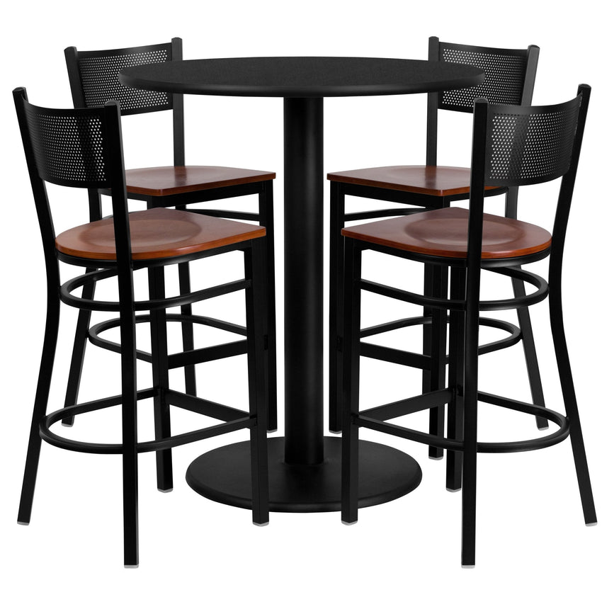 Clark 36'' Round Black Laminate Table Set with 4 Grid Back Metal Barstools - Cherry Wood Seat by Flash Furniture - SchoolOutlet