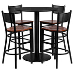 Clark 36'' Round Black Laminate Table Set with 4 Grid Back Metal Barstools - Cherry Wood Seat by Flash Furniture - SchoolOutlet