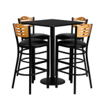 Clark 30'' Square Black Laminate Table Set with 4 Wood Slat Back Metal Barstools - Black Vinyl Seat by Flash Furniture - SchoolOutlet