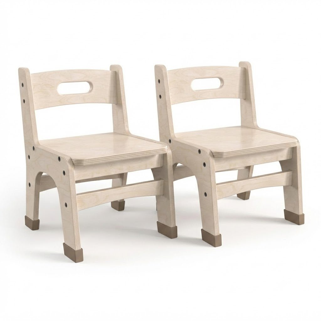 Bright Beginnings Set of 2 Commercial Grade Wooden Classroom Chairs, 9" Seat Height with Non-Slip Foot Caps and Built-In Carrying Handle, Natural - SchoolOutlet