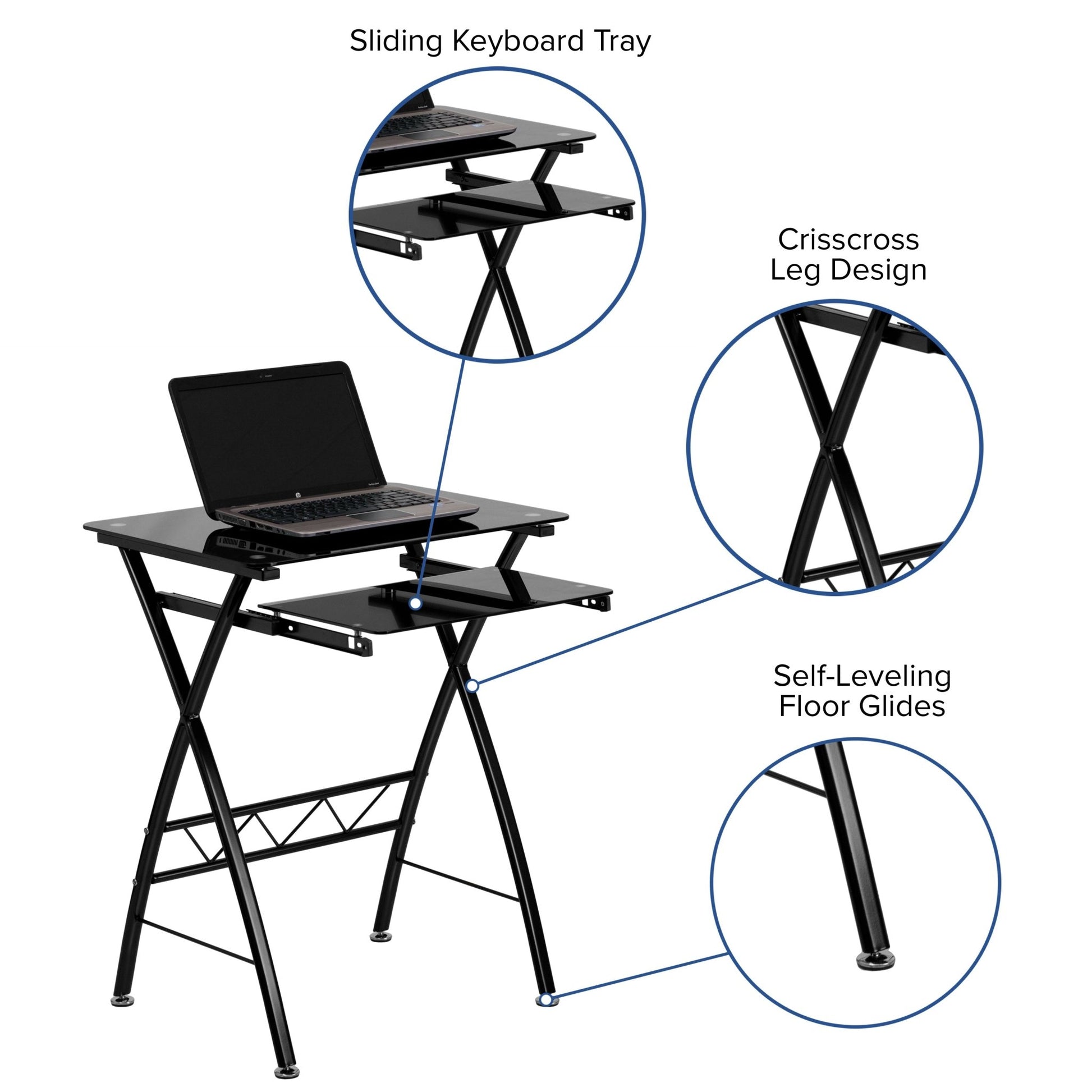 Norris Computer Desk with Pull - Out Keyboard Tray - Black Tempered Glass by Flash Furniture - SchoolOutlet