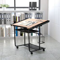 Swanson Adjustable Drawing and Drafting Table with Black Frame and Dual Wheel Casters by Flash Furniture