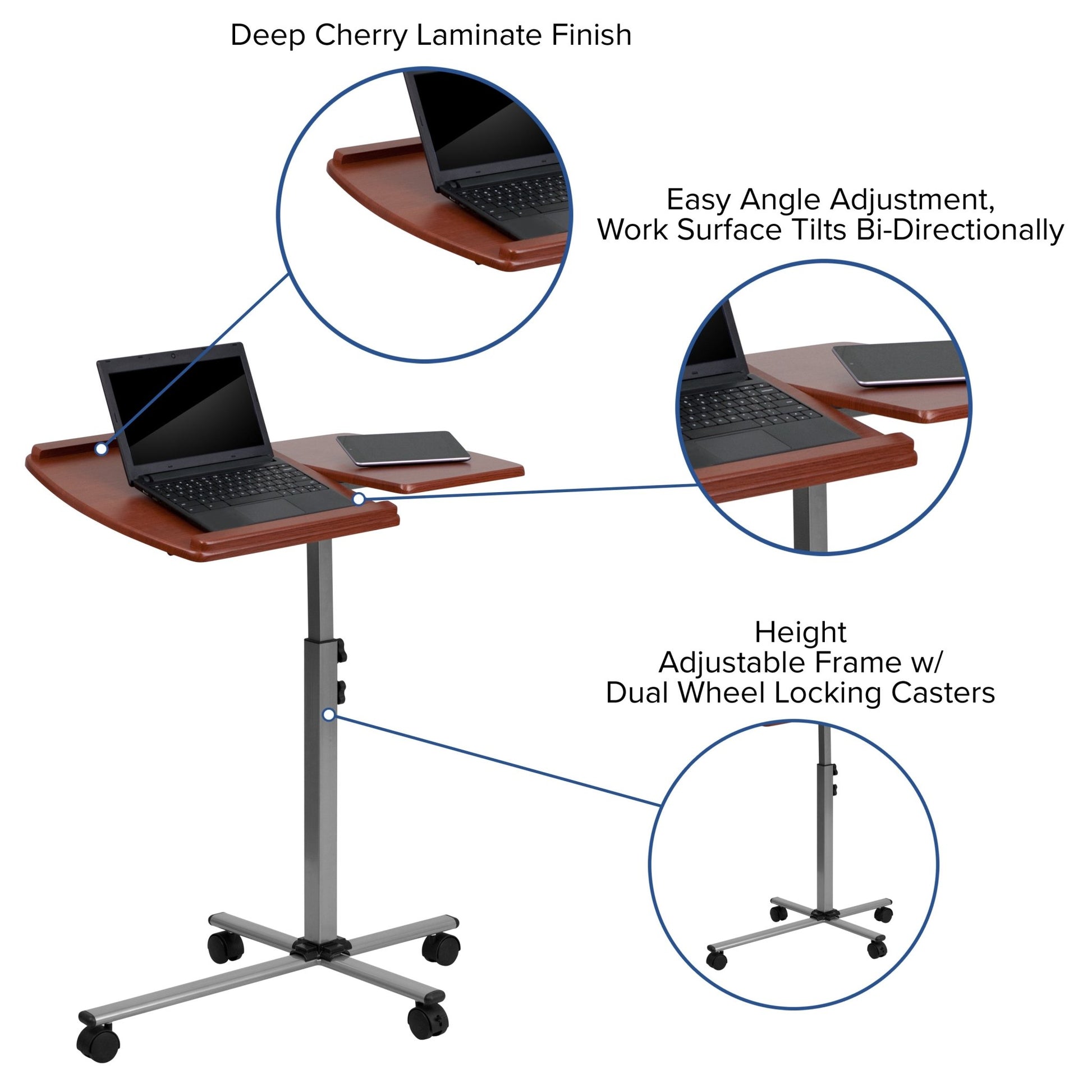 Dunbar Angle and Height Adjustable Mobile Laptop Computer Table with Cherry Top by Flash Furniture - SchoolOutlet