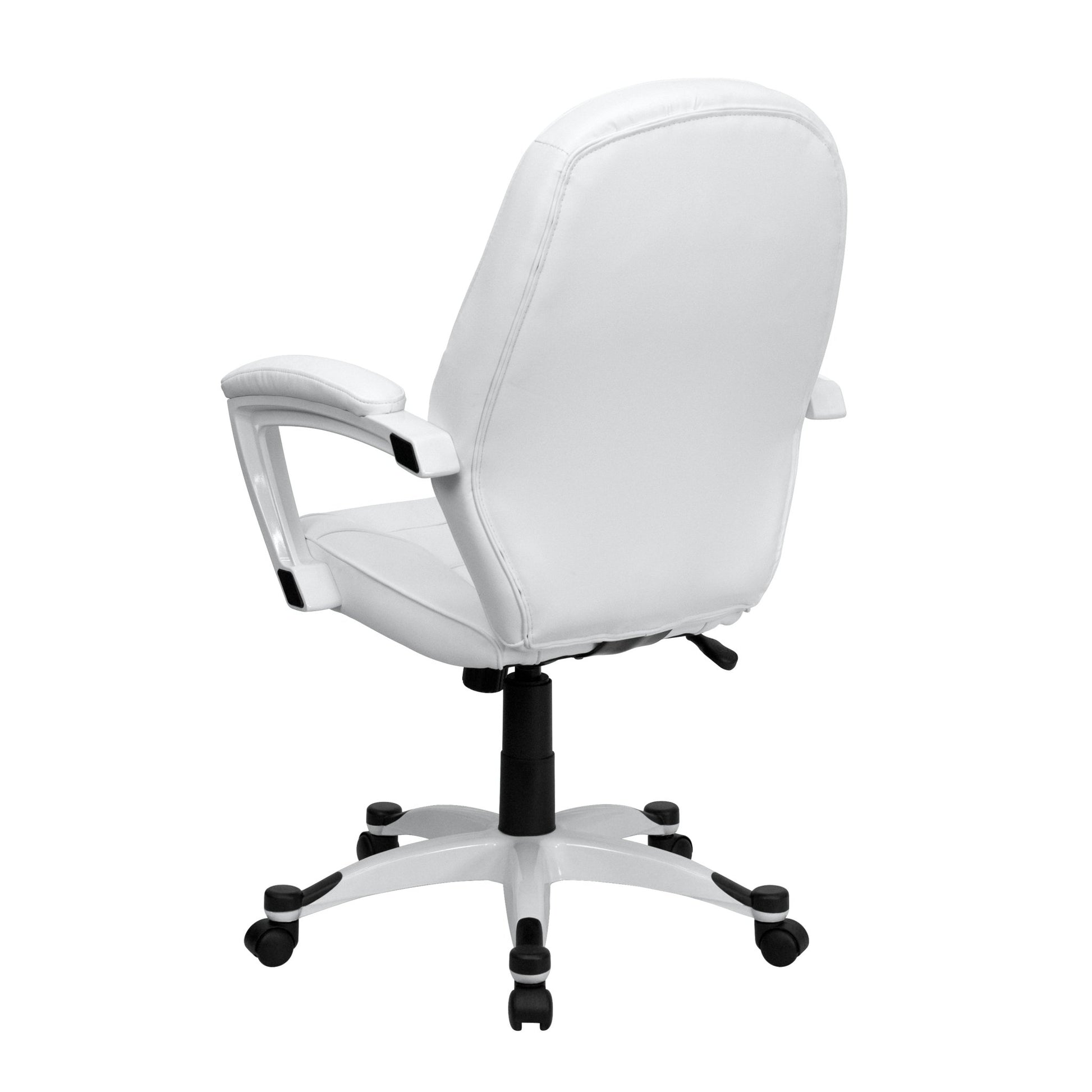 Quincey Executive Swivel Office Chair with White Base and Arms, Mid - Back White LeatherSoft Tapered Back by Flash Furniture - SchoolOutlet