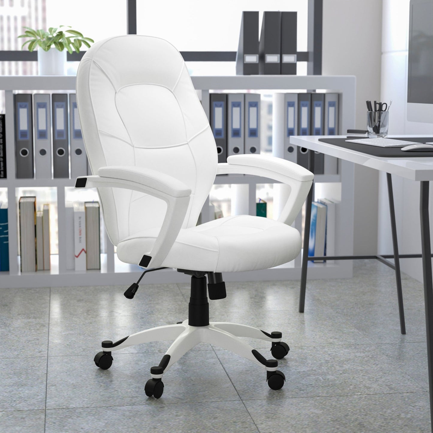 Quincey Executive Swivel Office Chair with White Base and Arms, Mid - Back White LeatherSoft Tapered Back by Flash Furniture - SchoolOutlet
