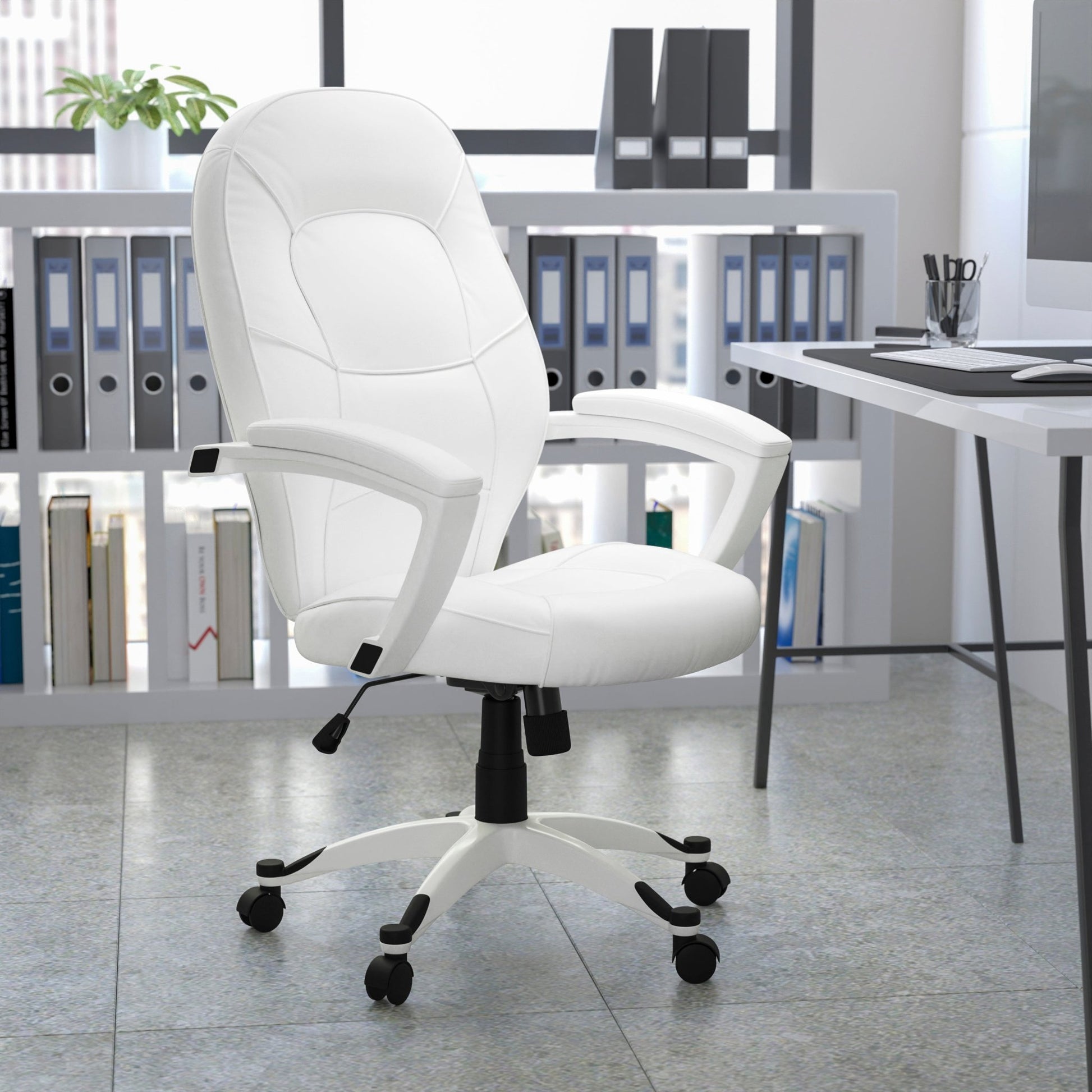 Quincey Executive Swivel Office Chair with White Base and Arms, Mid - Back White LeatherSoft Tapered Back by Flash Furniture - SchoolOutlet