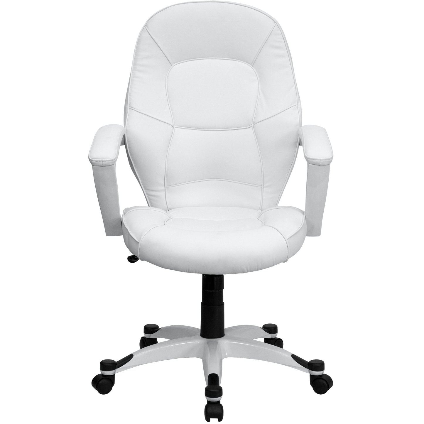 Quincey Executive Swivel Office Chair with White Base and Arms, Mid - Back White LeatherSoft Tapered Back by Flash Furniture - SchoolOutlet