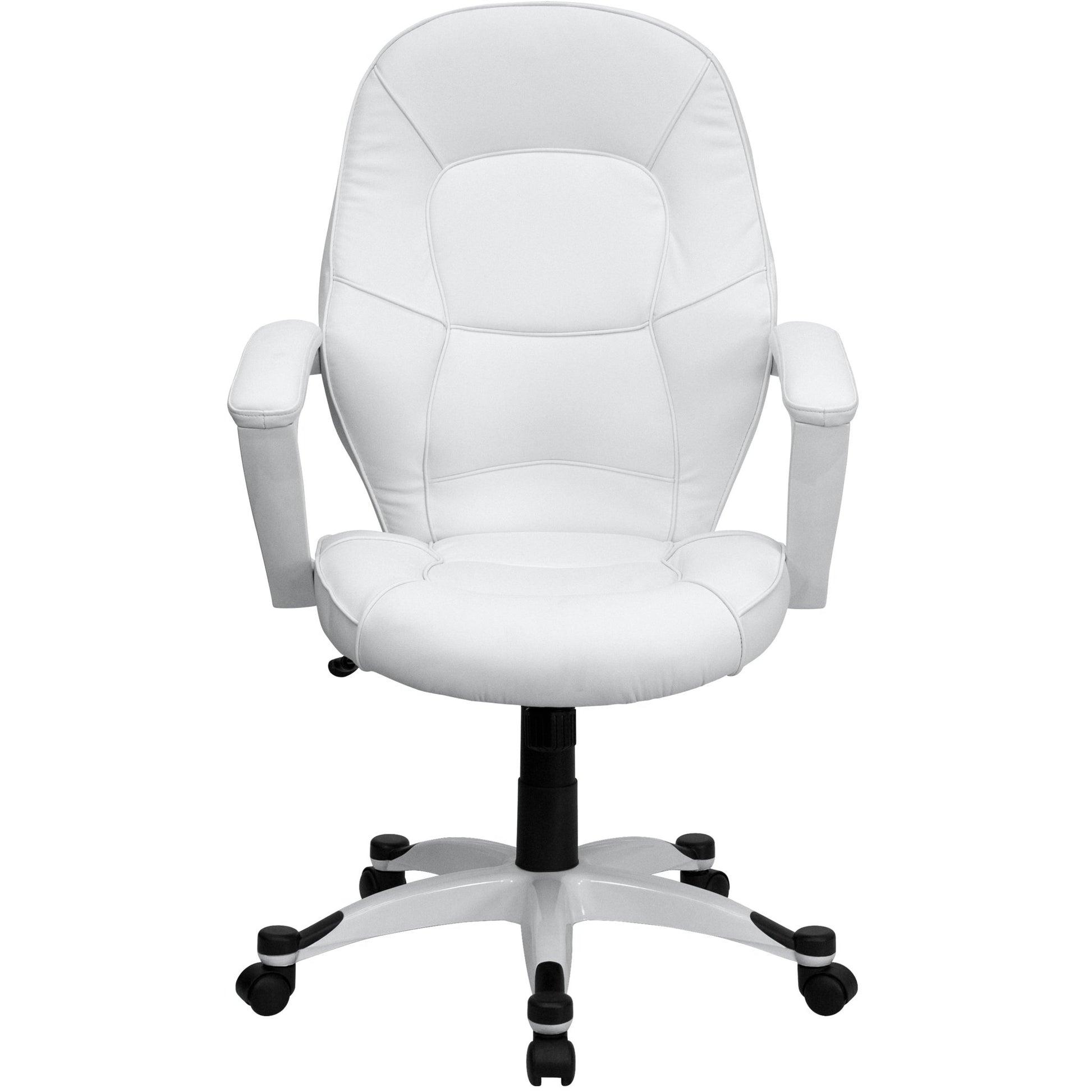 Quincey Executive Swivel Office Chair with White Base and Arms, Mid - Back White LeatherSoft Tapered Back by Flash Furniture - SchoolOutlet