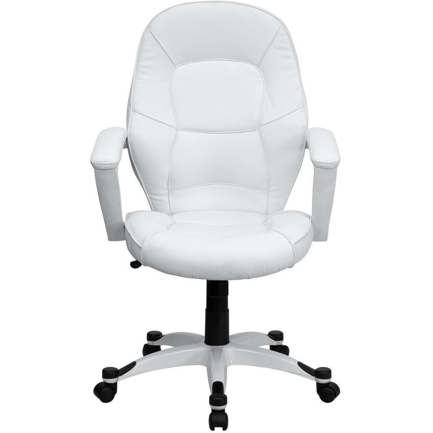 Quincey Executive Swivel Office Chair with White Base and Arms, Mid - Back White LeatherSoft Tapered Back by Flash Furniture - SchoolOutlet