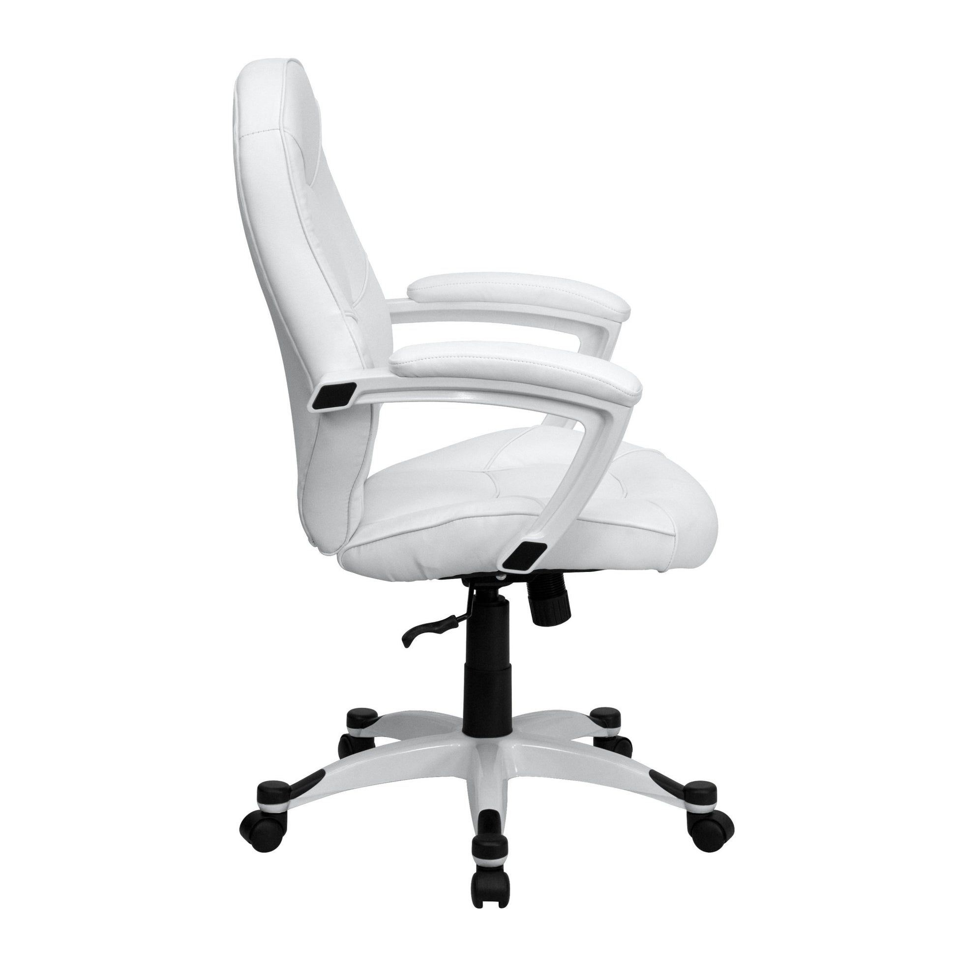 Quincey Executive Swivel Office Chair with White Base and Arms, Mid - Back White LeatherSoft Tapered Back by Flash Furniture - SchoolOutlet
