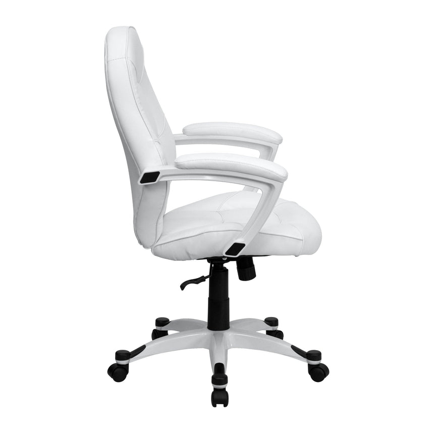Quincey Executive Swivel Office Chair with White Base and Arms, Mid - Back White LeatherSoft Tapered Back by Flash Furniture - SchoolOutlet