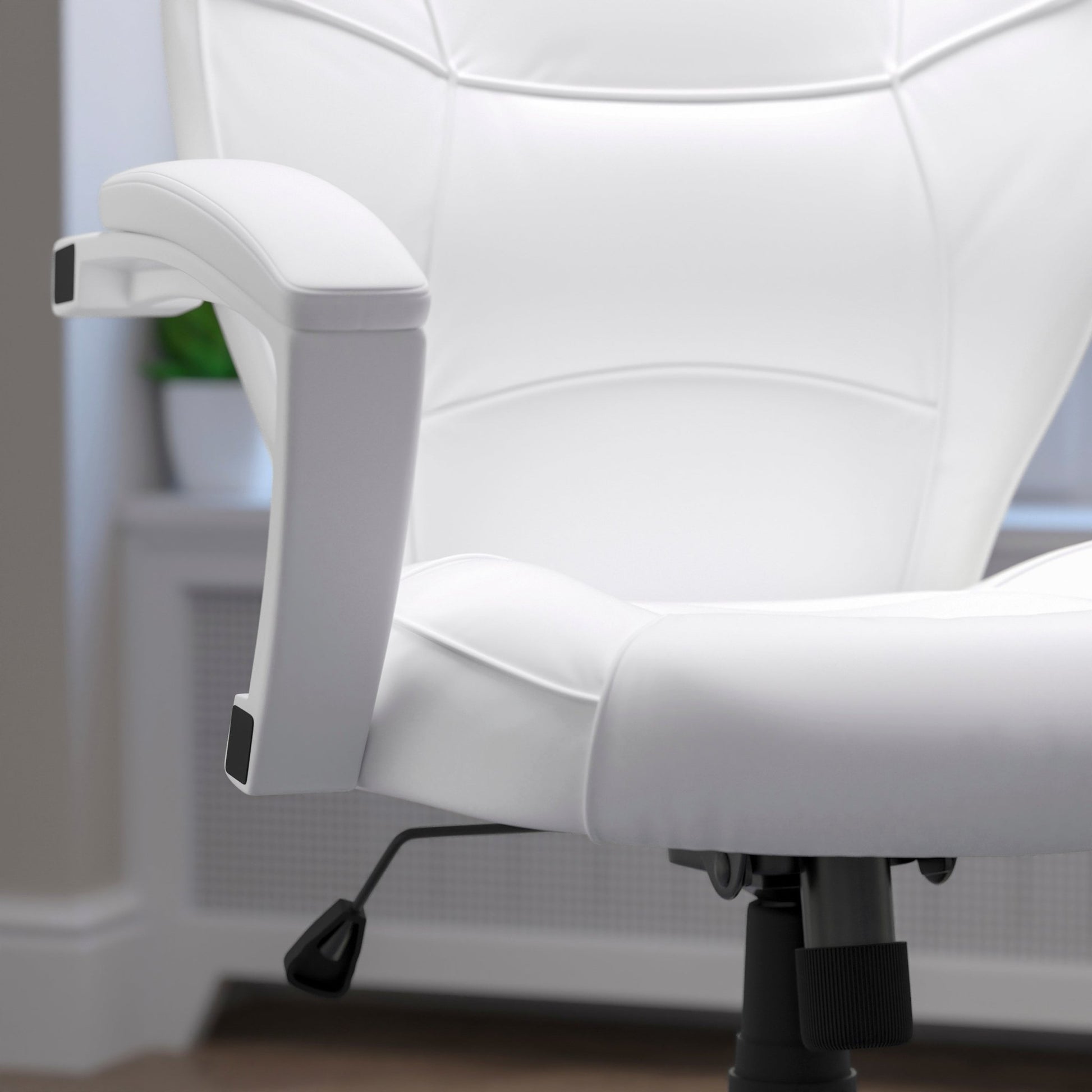 Quincey Executive Swivel Office Chair with White Base and Arms, Mid - Back White LeatherSoft Tapered Back by Flash Furniture - SchoolOutlet