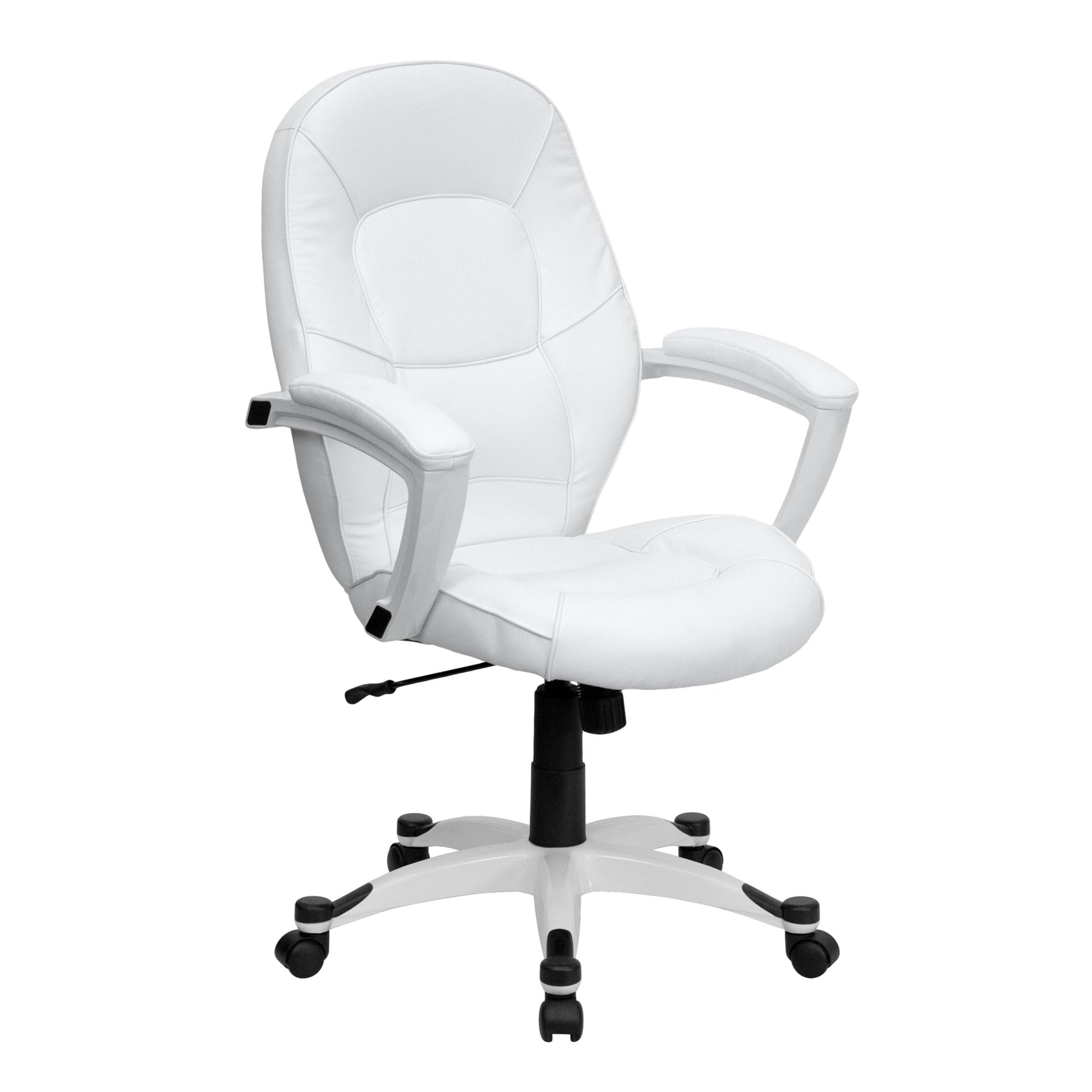 Quincey Executive Swivel Office Chair with White Base and Arms, Mid - Back White LeatherSoft Tapered Back by Flash Furniture - SchoolOutlet