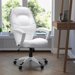Quincey Executive Swivel Office Chair with White Base and Arms, Mid-Back White LeatherSoft Tapered Back by Flash Furniture