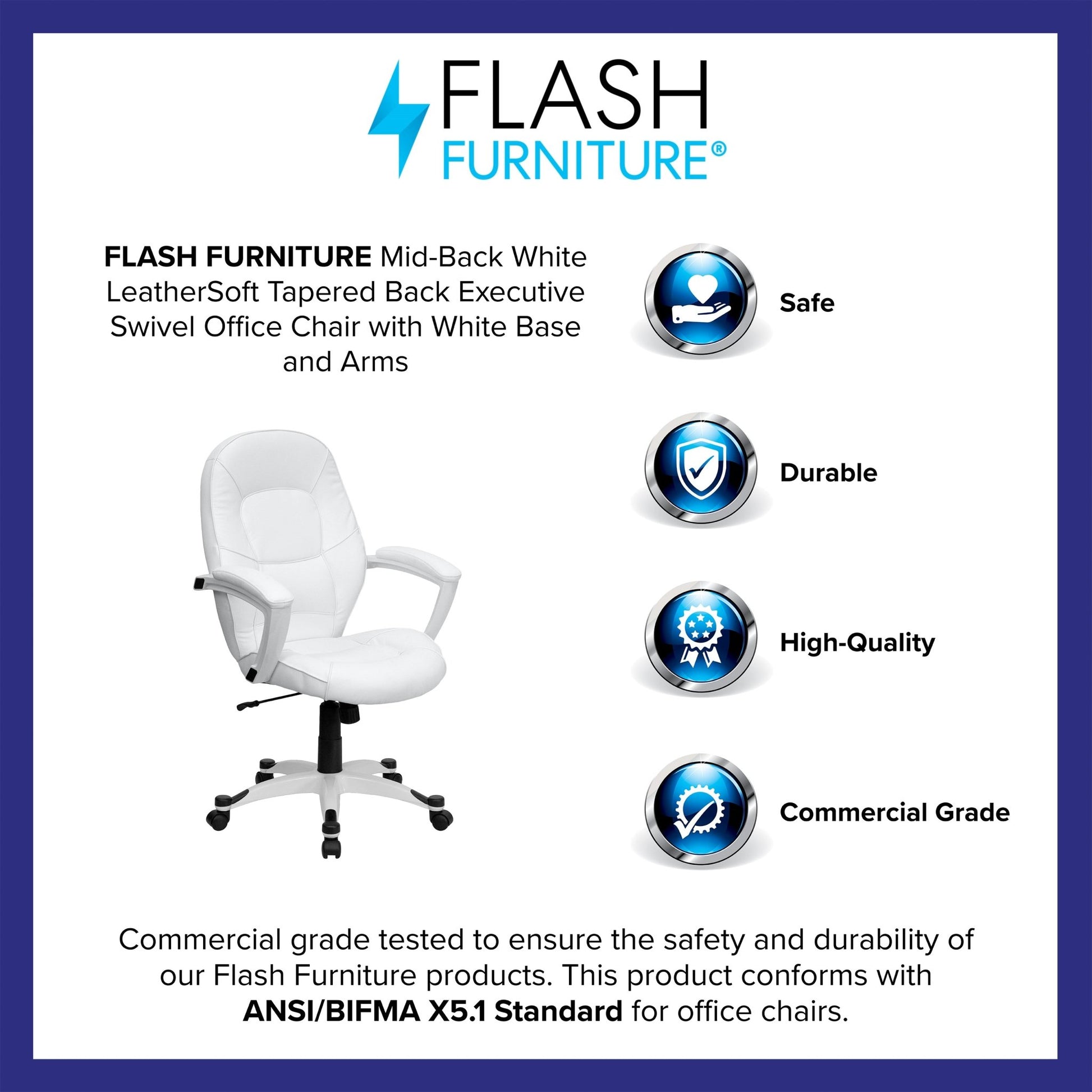 Quincey Executive Swivel Office Chair with White Base and Arms, Mid - Back White LeatherSoft Tapered Back by Flash Furniture - SchoolOutlet