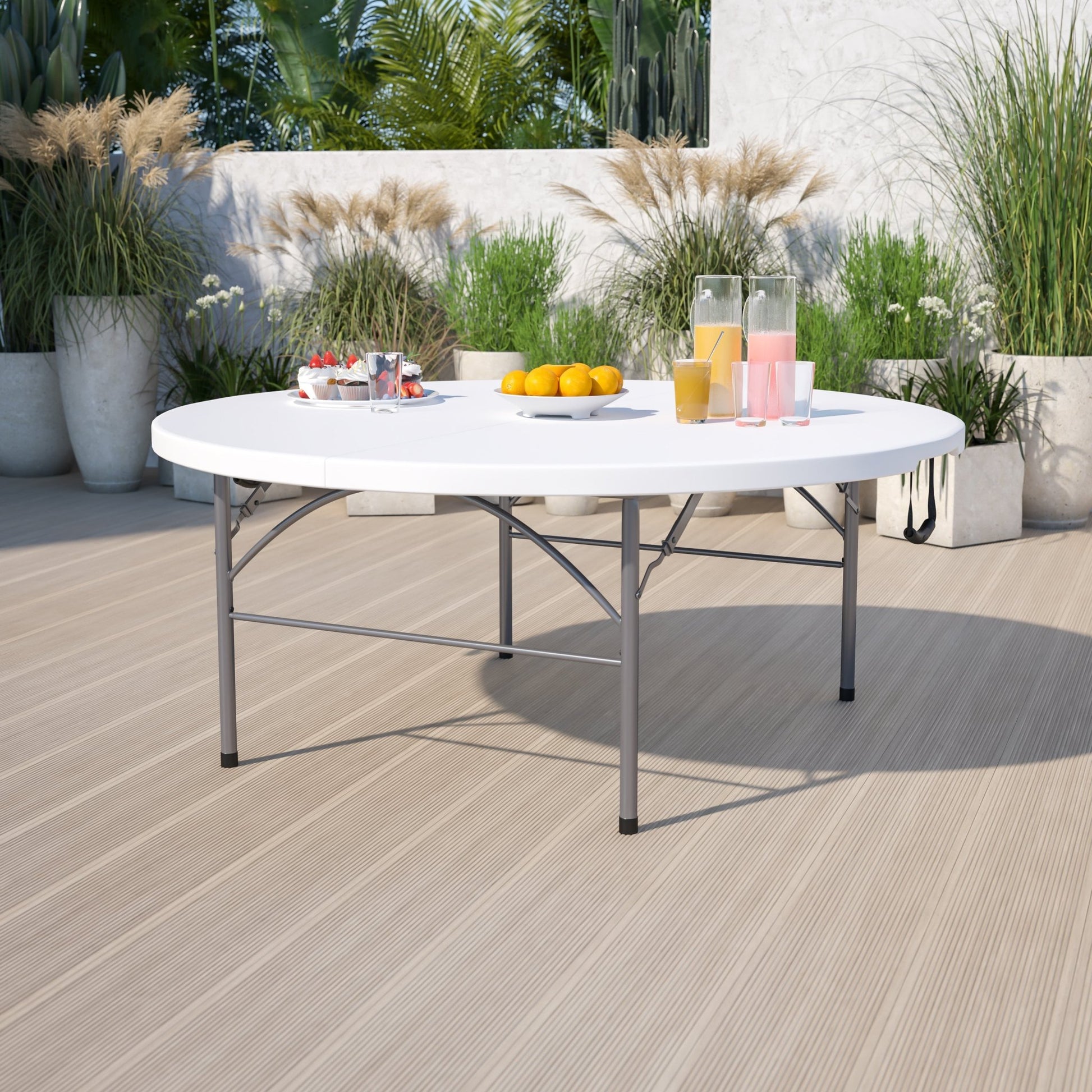 Kathryn 5.89 - Foot Round Bi - Fold Plastic Folding Table Plastic for Banquet and Event with Carrying Handle - Granite White by Flash Furniture - SchoolOutlet