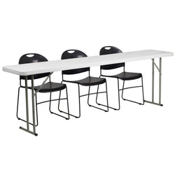 Kathryn 8-Foot Plastic Folding Training Table Set with 3 Black Plastic Stack Chairs by Flash Furniture