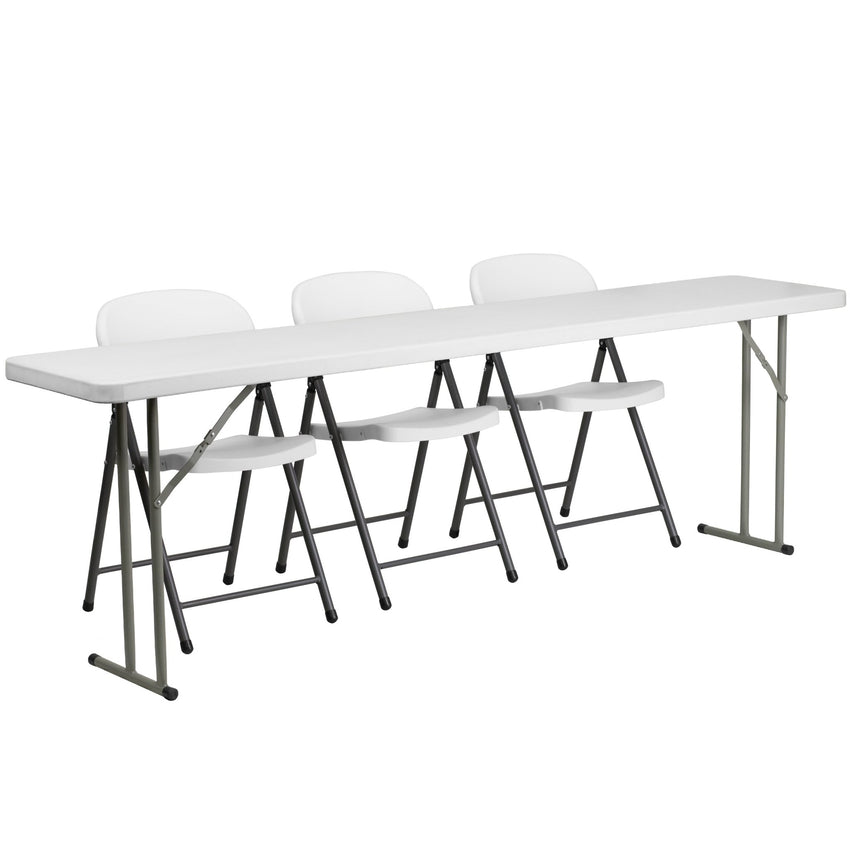 Kathryn 8 - Foot Plastic Folding Training Table Set with 3 White Plastic Folding Chairs by Flash Furniture - SchoolOutlet