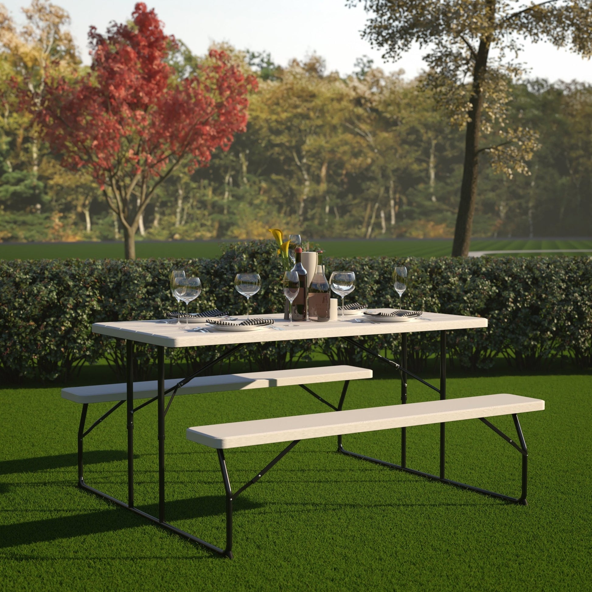 Insta - Fold 4.5 - Foot Wood Grain Folding Picnic Table and Benches by Flash Furniture - SchoolOutlet