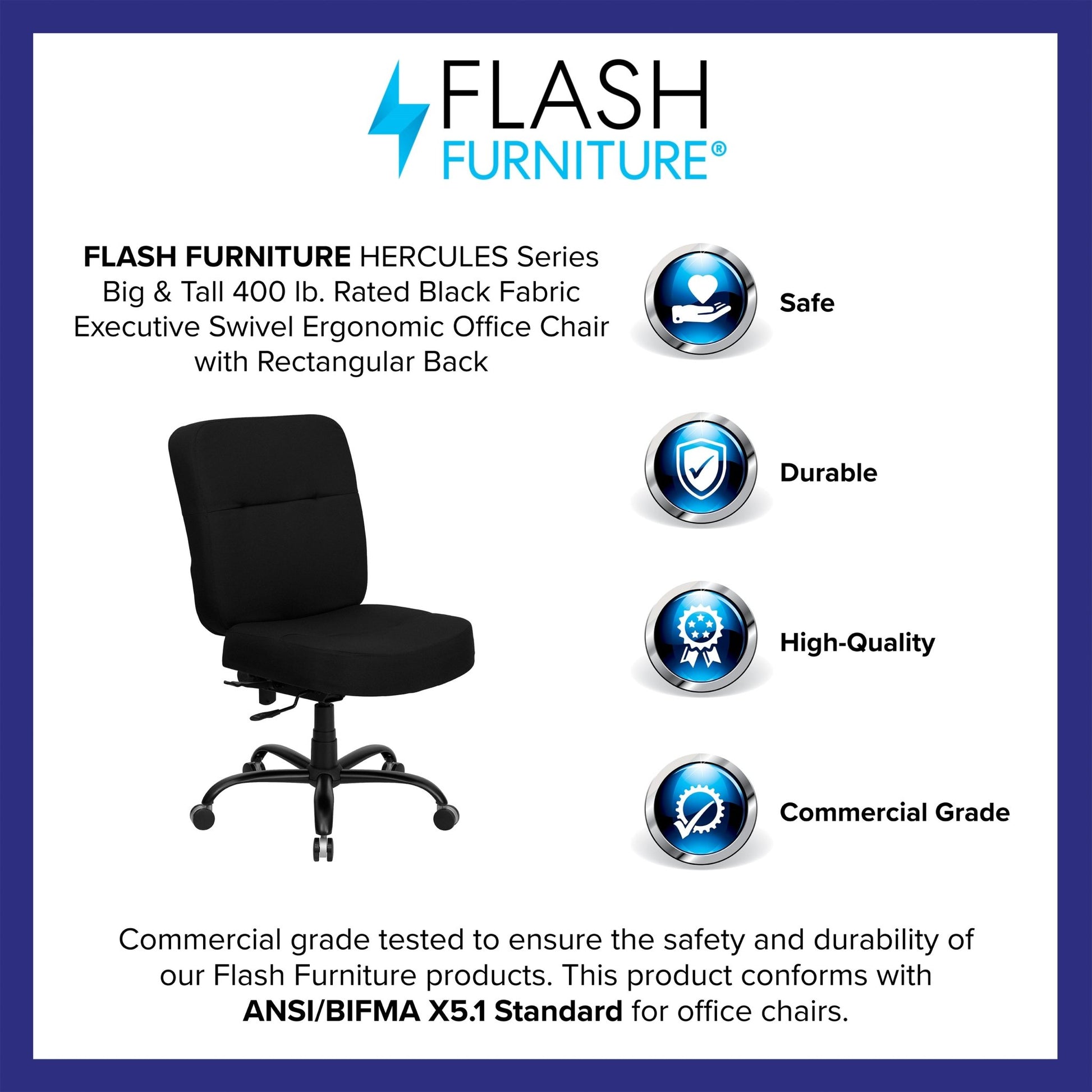 HERCULES Series Big & Tall Black Fabric Executive Swivel Ergonomic Office Chair with Rectangular Back - 400 lb. Rated by Flash Furniture - SchoolOutlet