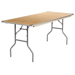 Fielder 6-Foot Rectangular Folding Banquet Table Heavy Duty Birchwood with Metal Edges and Protective Corner Guards by Flash Furniture