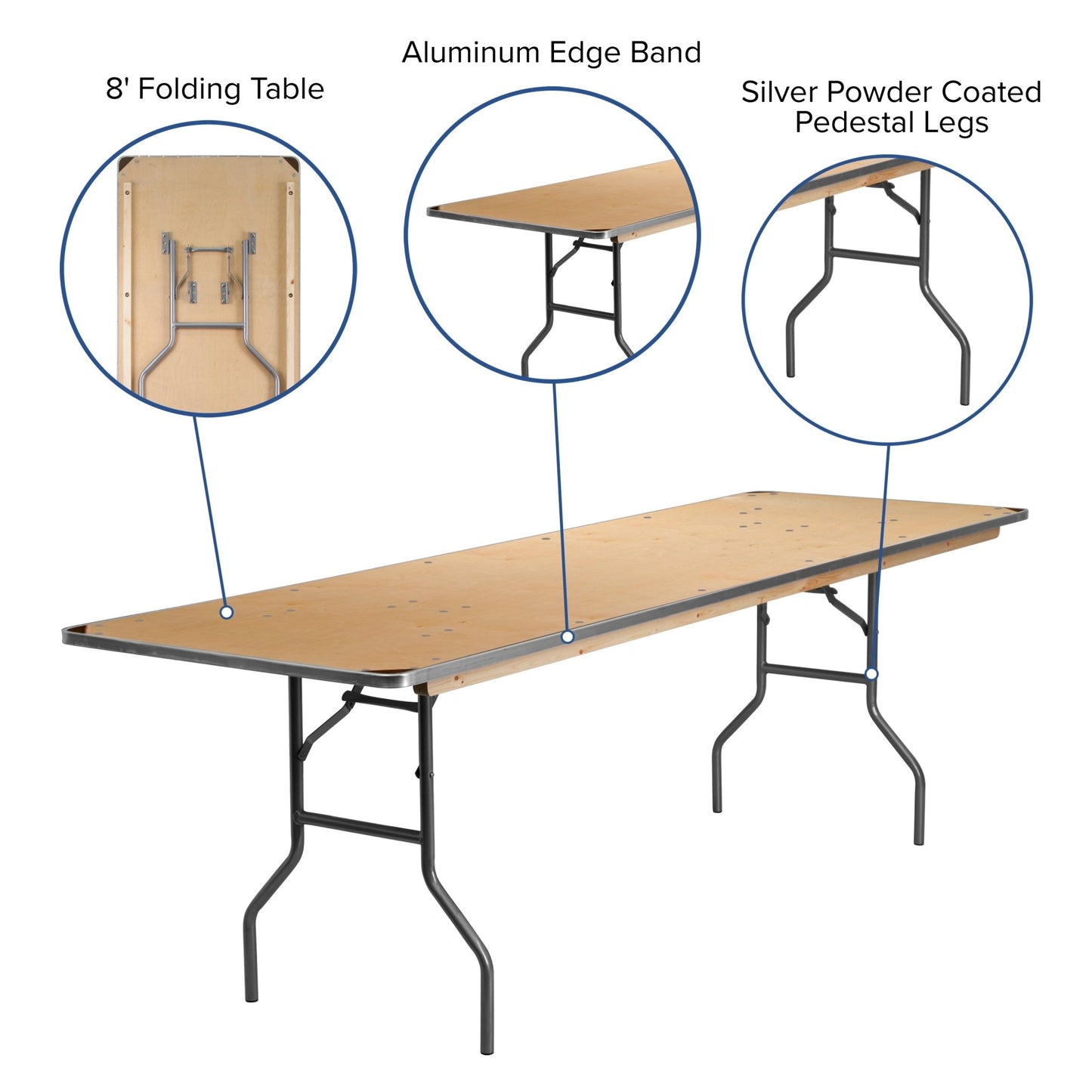 Fielder 8 - Foot Rectangular Folding Banquet Table Heavy Duty Birchwood with Metal Edges and Protective Corner Guards by Flash Furniture - SchoolOutlet