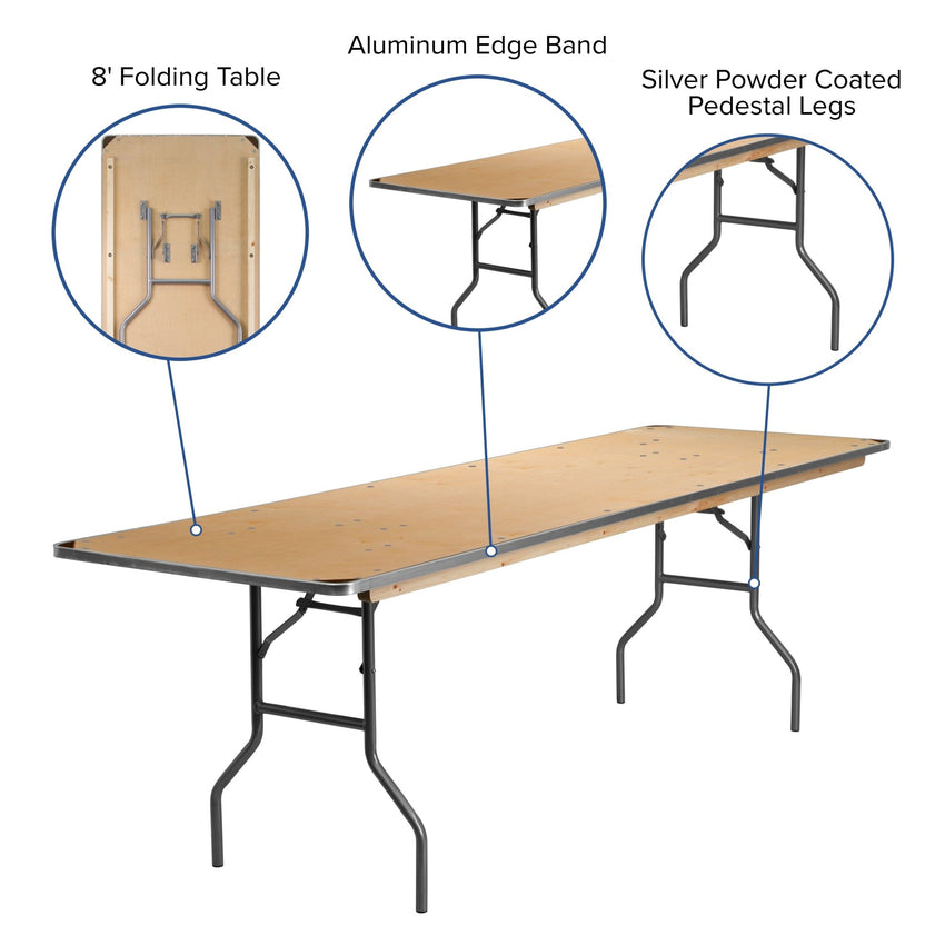 Fielder 8 - Foot Rectangular Folding Banquet Table Heavy Duty Birchwood with Metal Edges and Protective Corner Guards by Flash Furniture - SchoolOutlet