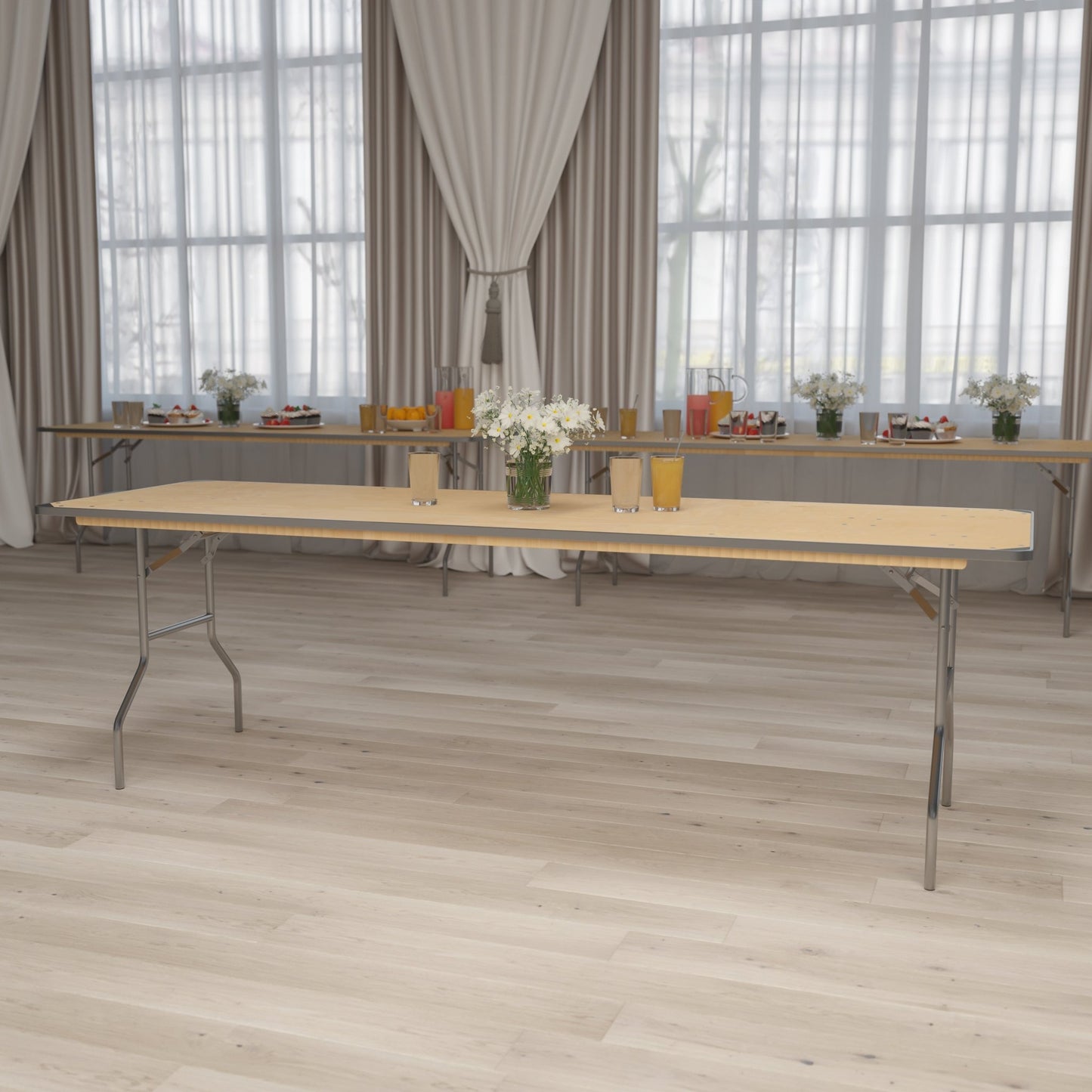 Fielder 8 - Foot Rectangular Folding Banquet Table Heavy Duty Birchwood with Metal Edges and Protective Corner Guards by Flash Furniture - SchoolOutlet