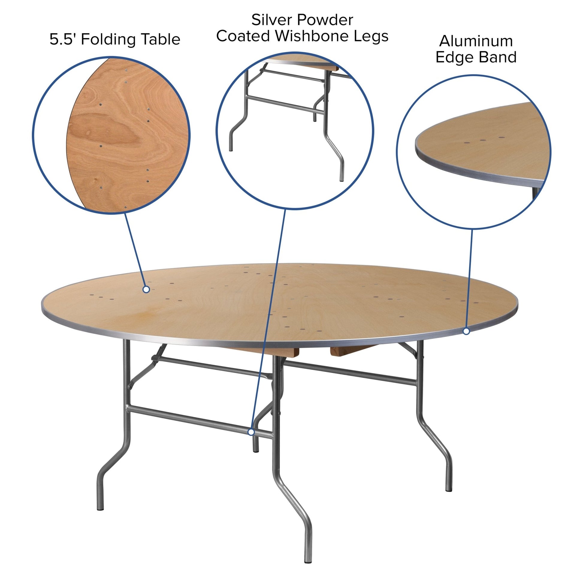 Fielder 5.5 - Foot Round Folding Banquet Table Heavy Duty Birchwood with Metal Edges by Flash Furniture - SchoolOutlet