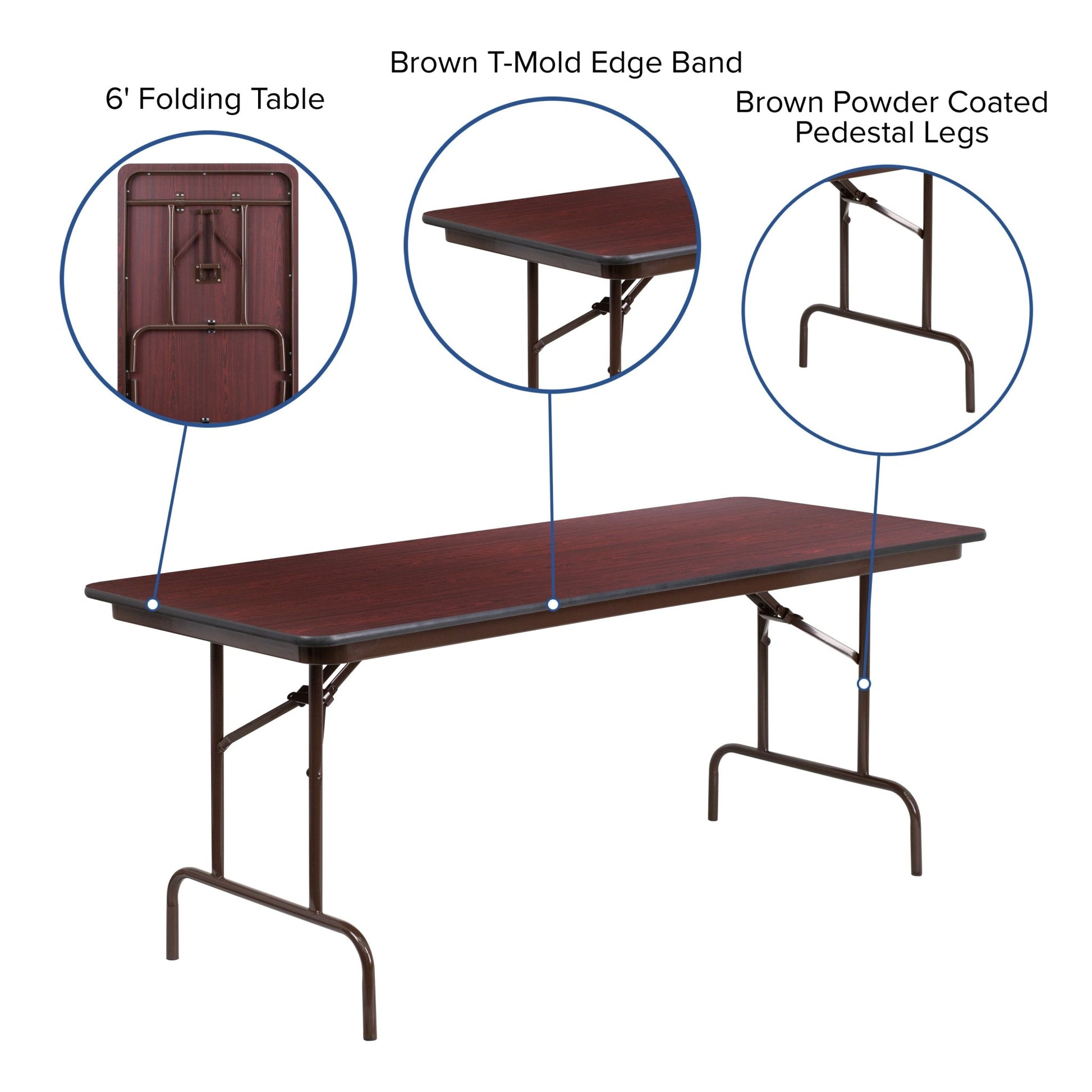 Frankie 6 - Foot Rectangular Banquet Folding Table with Melamine Laminate Top in Mahogany (30"W x 72"D x 30"H) by Flash Furniture - SchoolOutlet