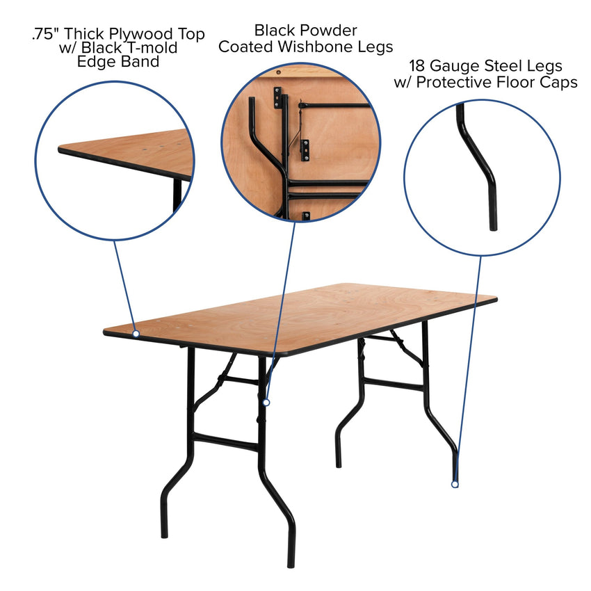Gael 5 - Foot Rectangular Wood Folding Banquet Table with Clear Coated Finished Top by Flash Furniture - SchoolOutlet