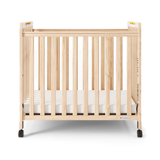 Foundations Safetycraft Fixed-Side Compact Crib w/ Adjustable Mattress Board - Slatted End Panels (FOU-1631040) - SchoolOutlet