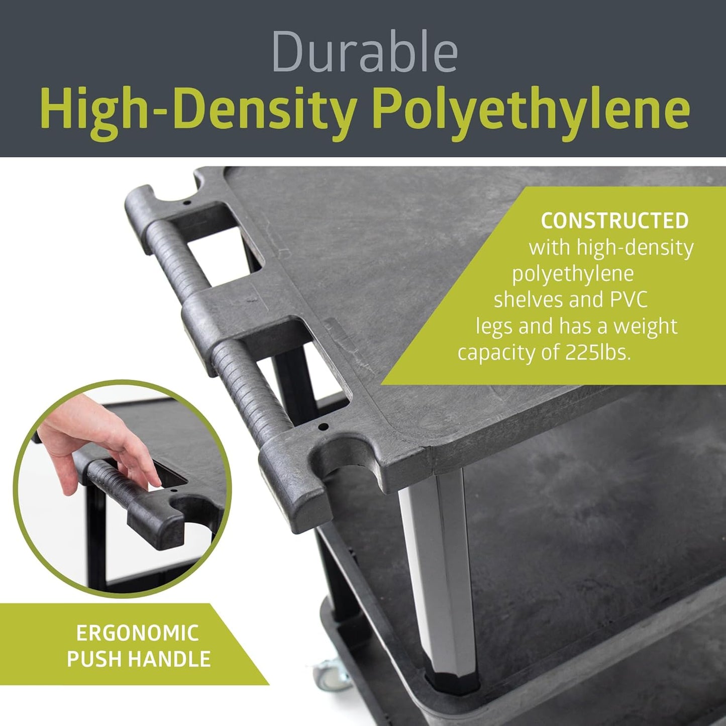 Fuerza 3 - Shelf Multipurpose Mobile Utility Cart with 2 Bins and Lockable Wheels, Heavy - Duty Plastic Rolling Presentation Cart for Offices and Warehouses, Black (FZA - 6528) - SchoolOutlet