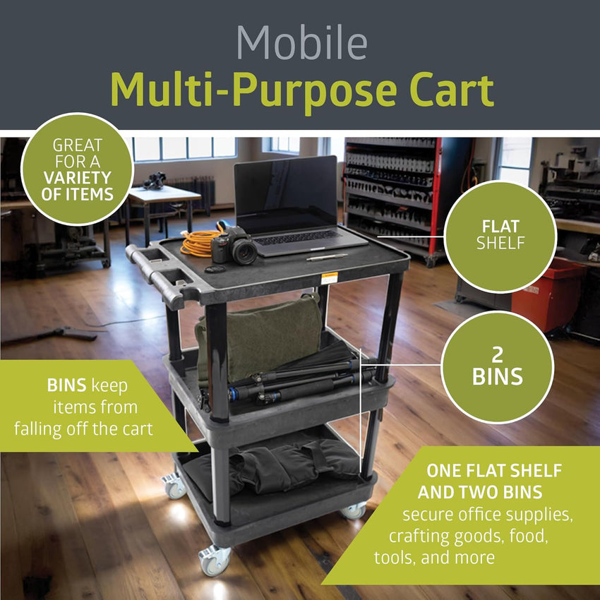 Fuerza 3 - Shelf Multipurpose Mobile Utility Cart with 2 Bins and Lockable Wheels, Heavy - Duty Plastic Rolling Presentation Cart for Offices and Warehouses, Black (FZA - 6528) - SchoolOutlet