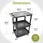 Fuerza 3 - Shelf Multipurpose Mobile Utility Cart with 2 Bins and Lockable Wheels, Heavy - Duty Plastic Rolling Presentation Cart for Offices and Warehouses, Black (FZA - 6528) - SchoolOutlet