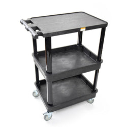Fuerza 3-Shelf Multipurpose Mobile Utility Cart with 2 Bins and Lockable Wheels, Heavy-Duty Plastic Rolling Presentation Cart for Offices and Warehouses, Black (FZA-6528)