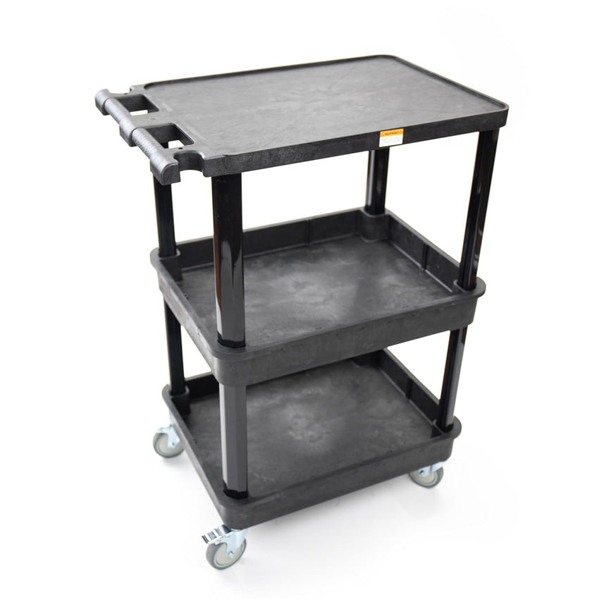 Fuerza 3 - Shelf Multipurpose Mobile Utility Cart with 2 Bins and Lockable Wheels, Heavy - Duty Plastic Rolling Presentation Cart for Offices and Warehouses, Black (FZA - 6528) - SchoolOutlet