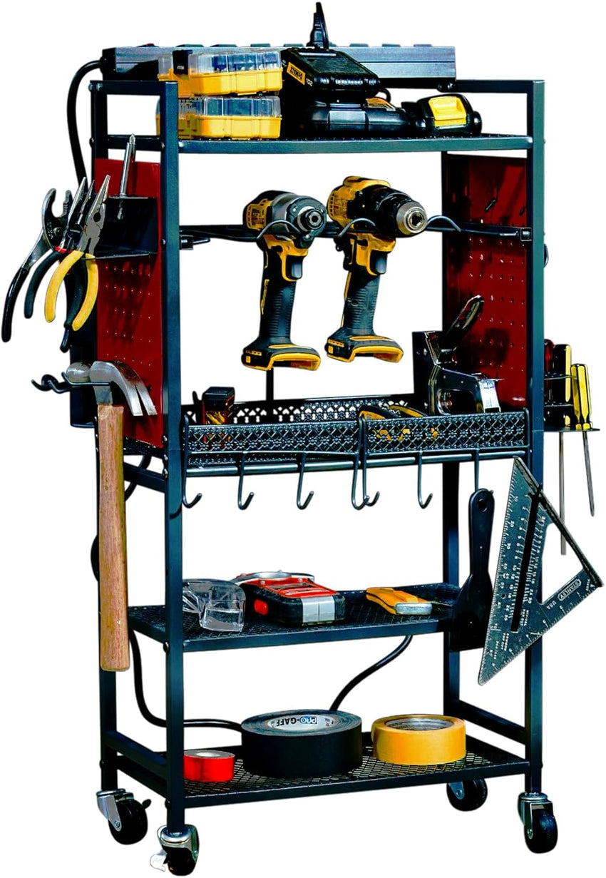 Fuerza Power Tool Cart with Battery Charging Station, 8 Outlet Power Strip, Garage Mobile Workbench for Mechanic, Workshop (FZA - 6863) - SchoolOutlet