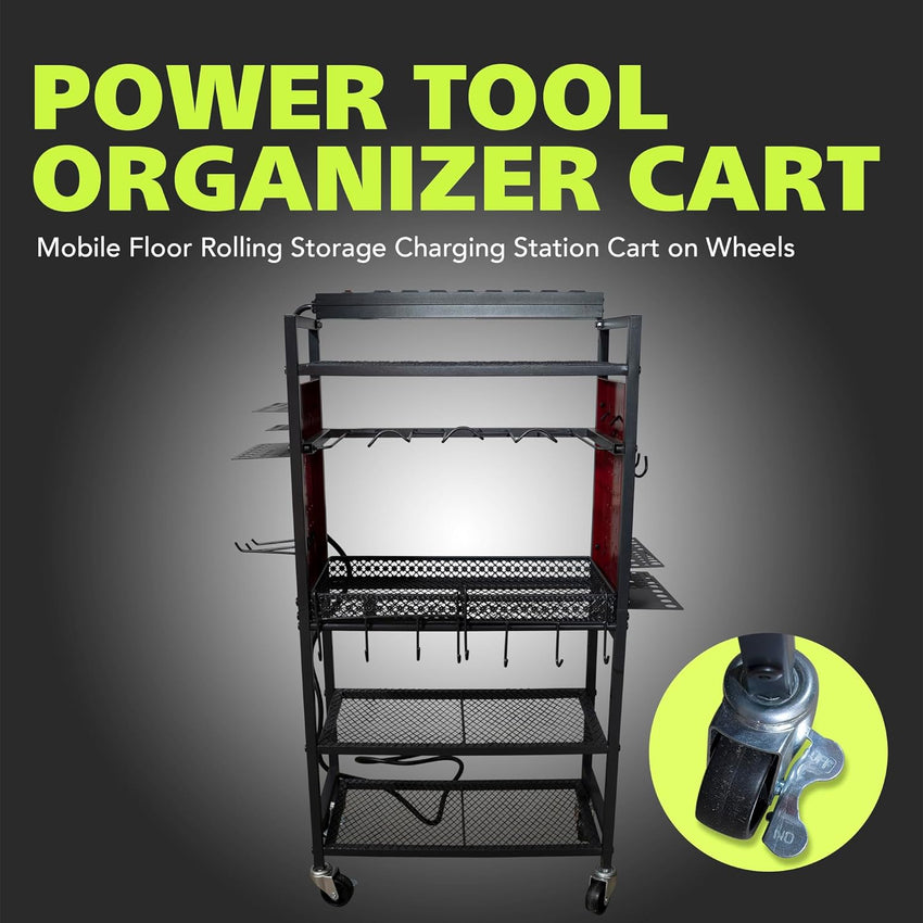 Fuerza Power Tool Cart with Battery Charging Station, 8 Outlet Power Strip, Garage Mobile Workbench for Mechanic, Workshop (FZA - 6863) - SchoolOutlet