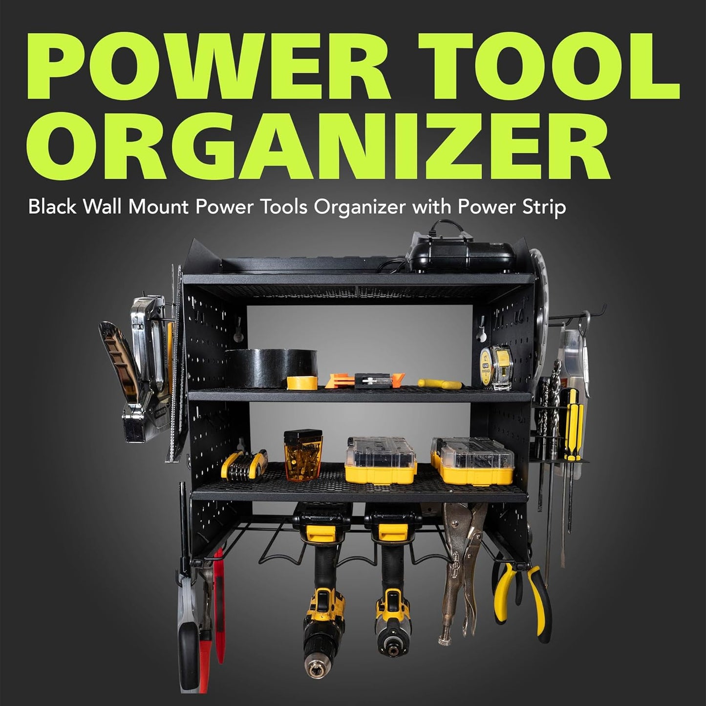 Fuerza Modular Pegboard Rack, Power Tool Organizer with Battery Charging Station, Power Strip, 4 - Layer Wall Mount Drill Holder (FZA - 6870) - SchoolOutlet