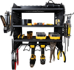 Fuerza Modular Pegboard Rack, Power Tool Organizer with Battery Charging Station, Power Strip, 4-Layer Wall Mount Drill Holder (FZA-6870)