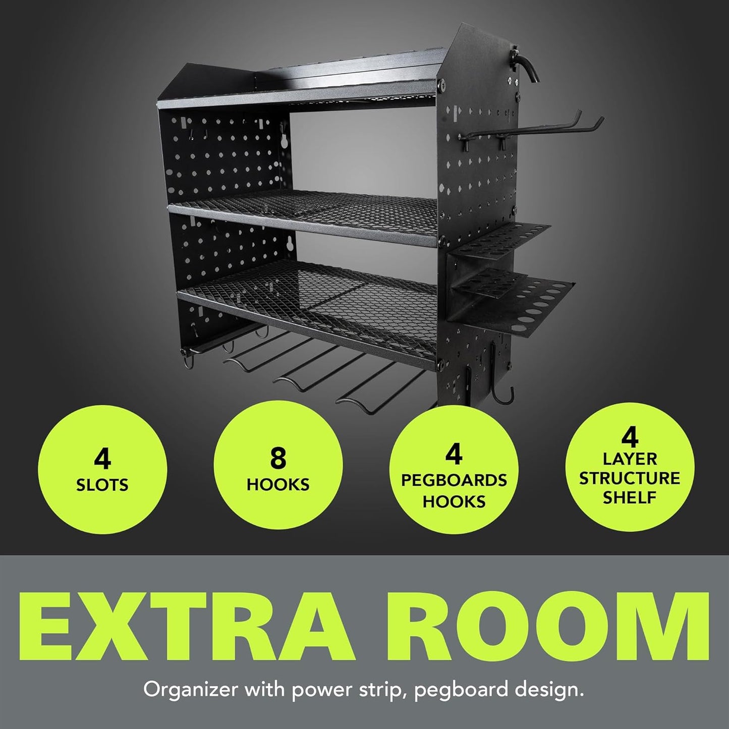 Fuerza Modular Pegboard Rack, Power Tool Organizer with Battery Charging Station, Power Strip, 4 - Layer Wall Mount Drill Holder (FZA - 6870) - SchoolOutlet