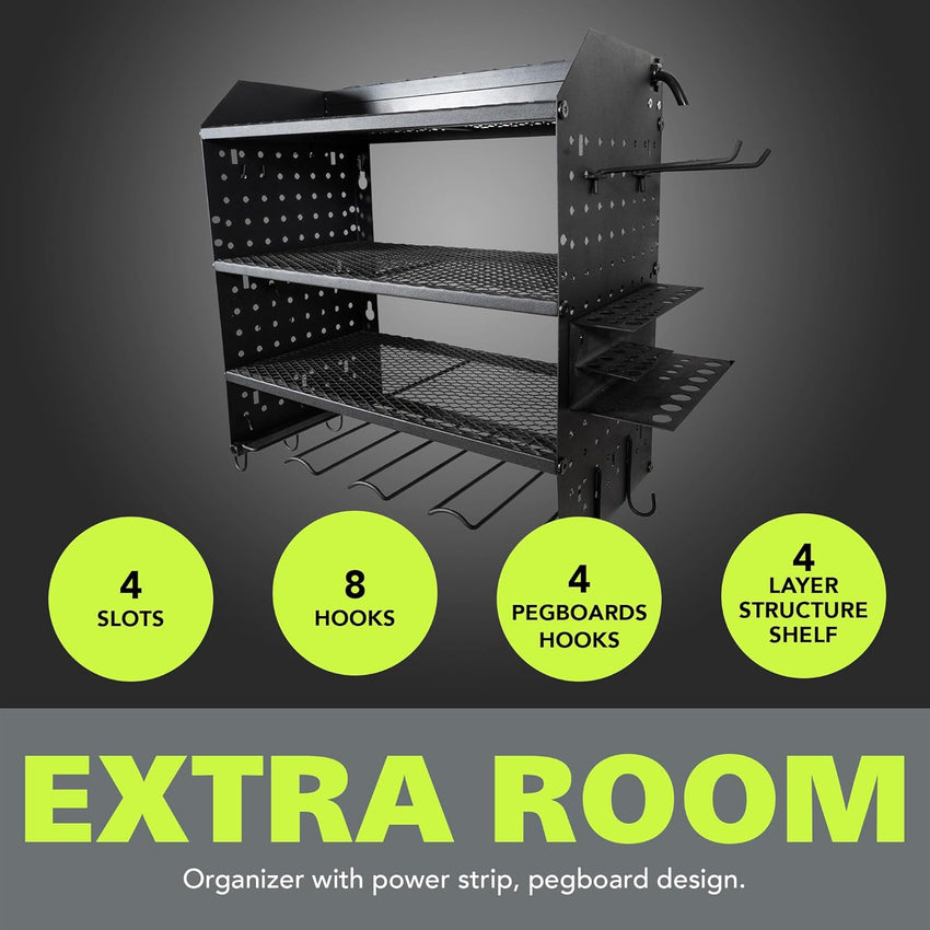 Fuerza Modular Pegboard Rack, Power Tool Organizer with Battery Charging Station, Power Strip, 4 - Layer Wall Mount Drill Holder (FZA - 6870) - SchoolOutlet