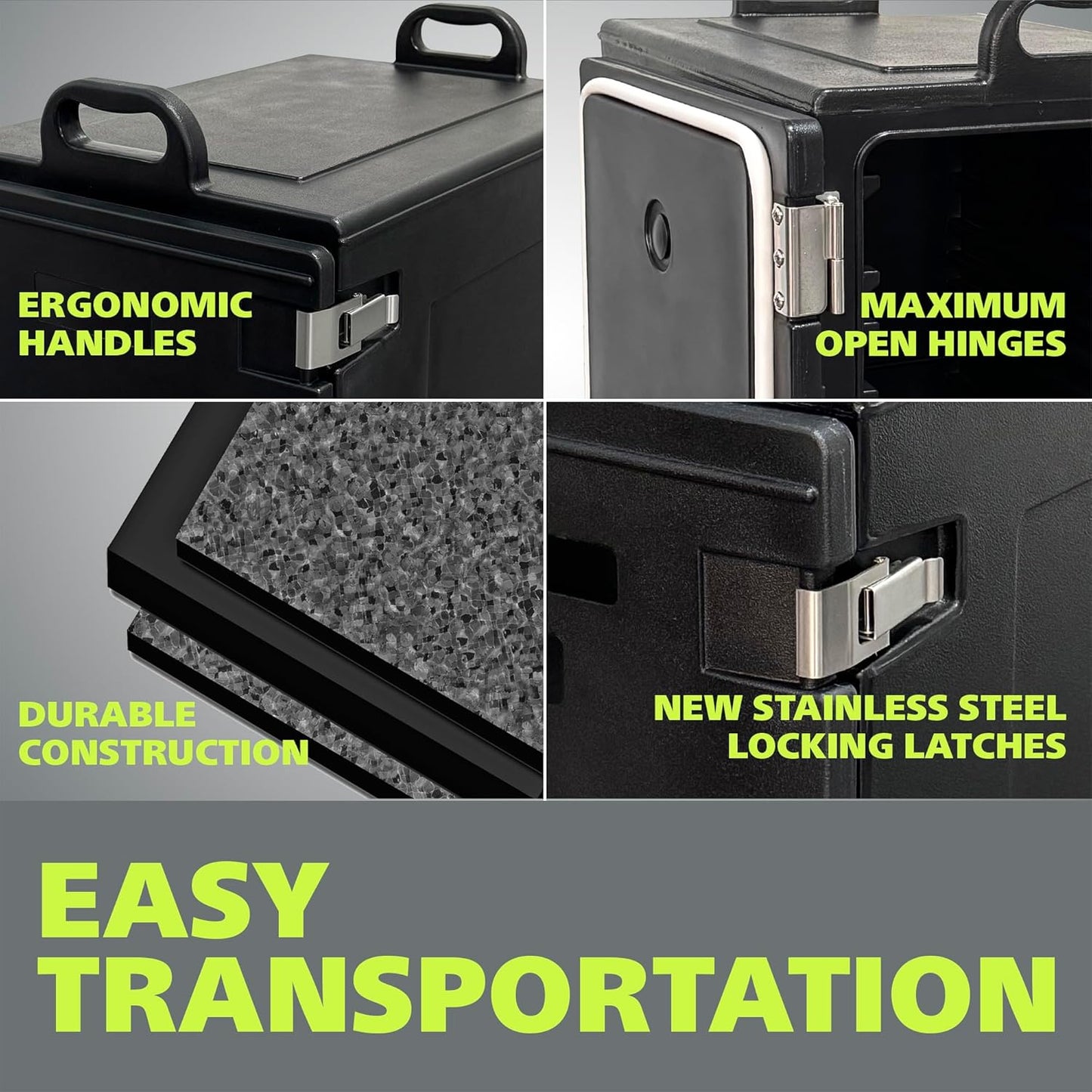 Fuerza 40qt Food Carrier, 304 Stainless Steel Latch, Portable Food Warmer, Black (FZA - 7129) - SchoolOutlet