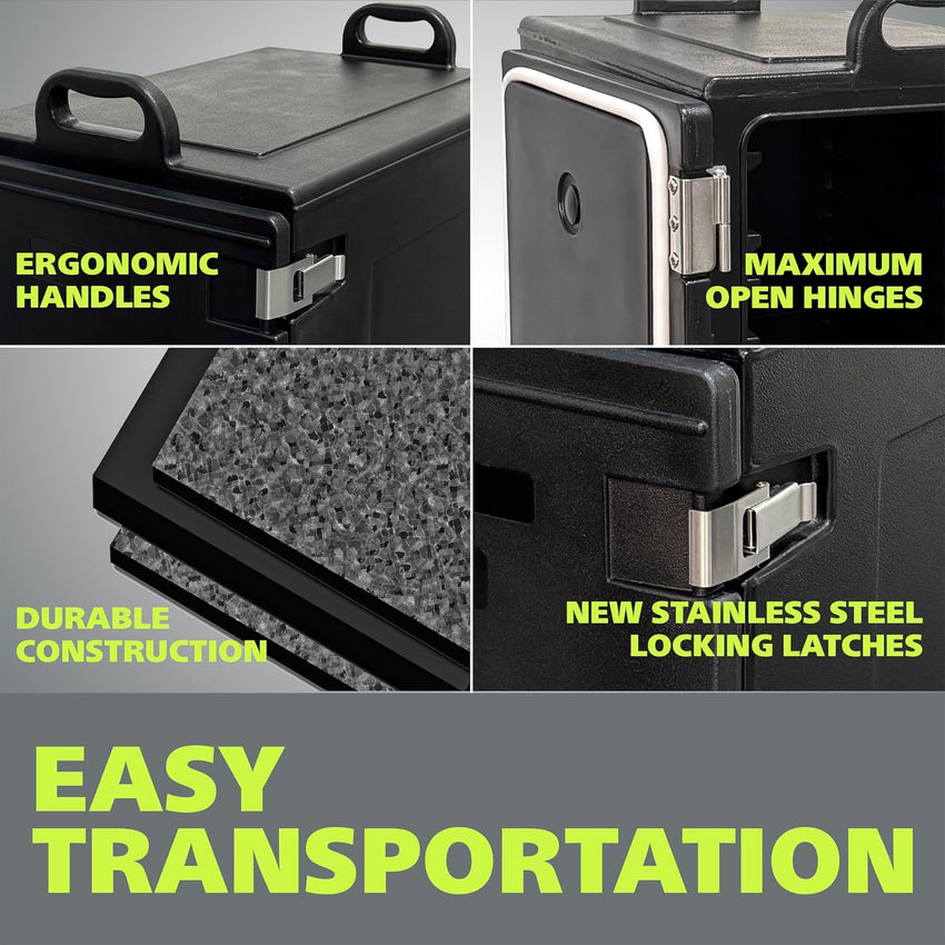 Fuerza 40qt Food Carrier, 304 Stainless Steel Latch, Portable Food Warmer, Black (FZA - 7129) - SchoolOutlet