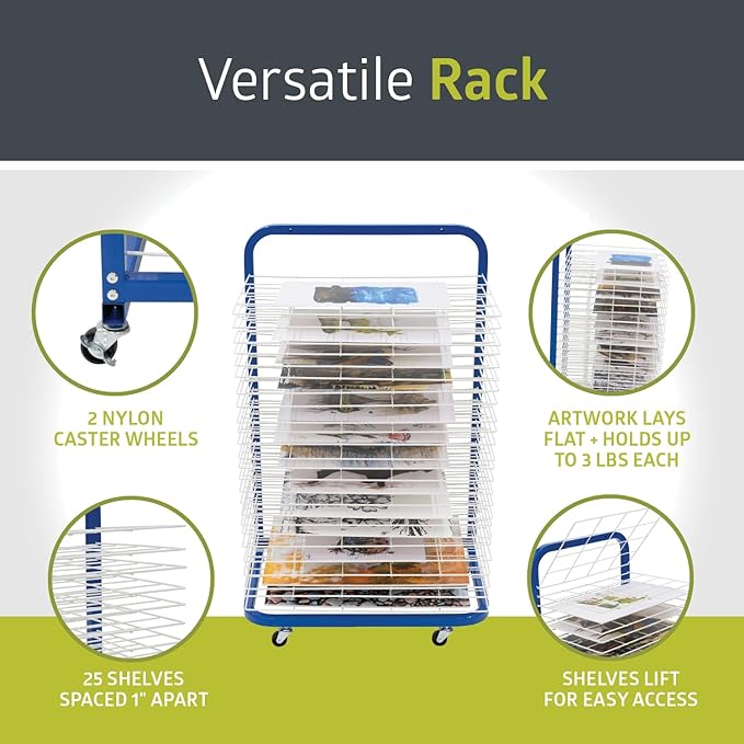 Fuerza Mobile 25 - Shelf Art Drying Rack for Classrooms and Art Studios, Heavy - Duty Steel Rolling Art Rack Cart - SchoolOutlet