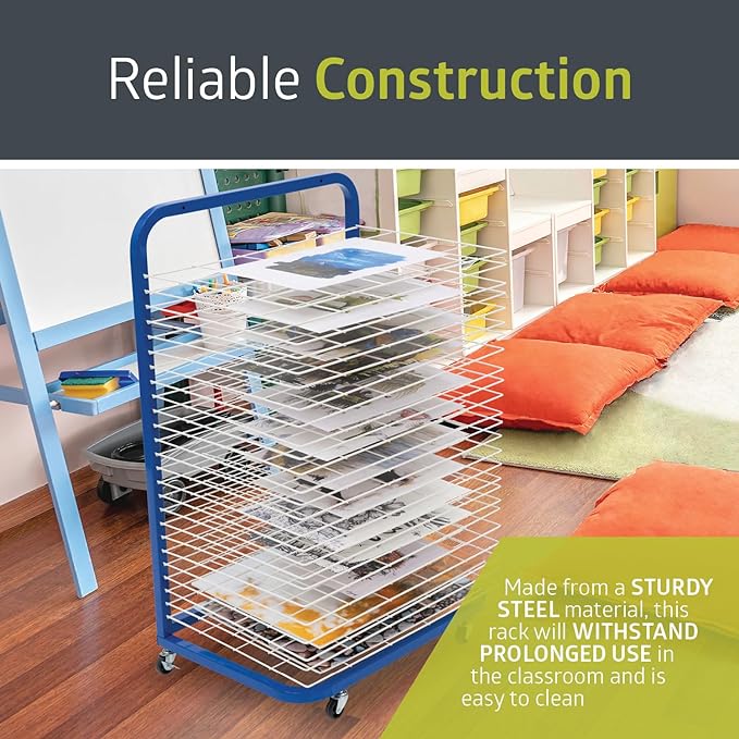 Fuerza Mobile 25 - Shelf Art Drying Rack for Classrooms and Art Studios, Heavy - Duty Steel Rolling Art Rack Cart - SchoolOutlet