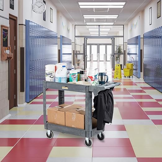 Fuerza Utility 2 Tier Rolling Cart - Multi Purpose, Heavy Duty Service Cart for Supplies Storage and Organizer (Grey) - SchoolOutlet